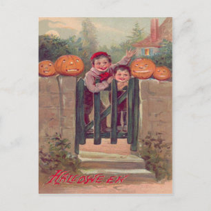 Jongens Jack O Lantern Pompoen Hekwerk Briefkaart