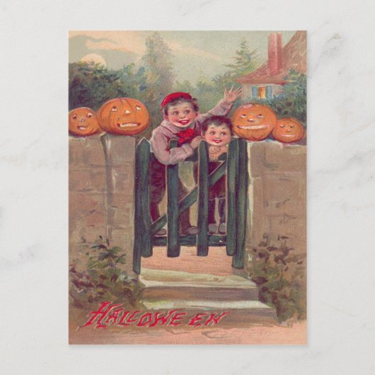 Jongens Jack O Lantern Pompoen Hekwerk Briefkaart (Voorkant)