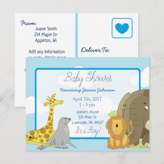 Jongen's Jungle of Dierentuin Dieren Thema Baby Sh Uitnodiging Briefkaart (Voorkant / Achterkant)