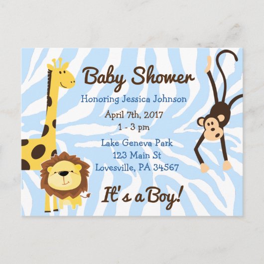 Jongen's Jungle of Dierentuin Thema Baby Shower Uitnodiging Briefkaart (Voorkant)