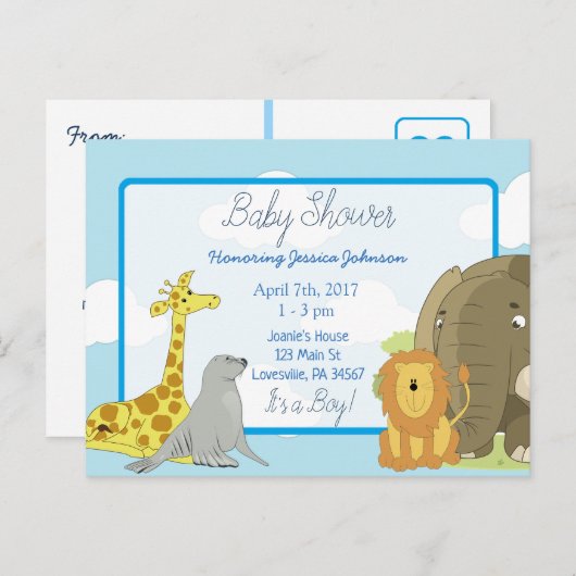 Jongen's Jungle of Dierentuin Thema Baby Shower Uitnodiging Briefkaart (Voorkant / Achterkant)