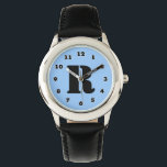 Jongens kijken | gepersonaliseerde letter R monogr Horloge<br><div class="desc">Jongens kijken | gepersonaliseerde letter R monogram. Leuk personaliseerbaar cadeau-idee voor kleine kinder. Aangepaste kinderhorloge met voornaam initiaal. Zwart en blauw ontwerp.</div>