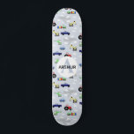 Jongens: Kinder carrousel blauw modern vervoerspat Persoonlijk Skateboard<br><div class="desc">Dit moderne en coole kinder skateboardontwerp is voorzien van een cardiaal vervoerspatroon,  met auto's,  vliegtuigen,  helikopters en graafmachines op een blauwe achtergrond,  en kan worden gepersonaliseerd met de naam en het monogram van uw jongens. Het perfecte cadeau voor elke liefhebber van skateboard.</div>