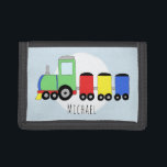 Jongen's kleurrijke tandwiellocomotief met naam drievoud portemonnee<br><div class="desc">Dit coole ontwerp maakt deel uit van een collectie met schattige transportdoedels voor babyjongen en meisjeskleding en -accessoires. Dit ontwerp is voorzien van een handgetekende kleurrijke locomotief en kan worden gepersonaliseerd met de naam van je zoon. Perfect als een verjaardagscadeau voor de eerste portemonnee van een treinliefhebber! Bekijk onze winkel...</div>