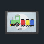 Jongen's kleurrijke tandwiellocomotief met naam drievoud portemonnee<br><div class="desc">Dit coole ontwerp maakt deel uit van een collectie met schattige transportdoedels voor babyjongen en meisjeskleding en -accessoires. Dit ontwerp is voorzien van een handgetekende kleurrijke locomotief en kan worden gepersonaliseerd met de naam van je zoon. Perfect als een verjaardagscadeau voor de eerste portemonnee van een treinliefhebber! Bekijk onze winkel...</div>