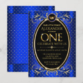 Jongens Koninklijk Blauw Goud Prins 1e Verjaardags Kaart (Voorkant / Achterkant)