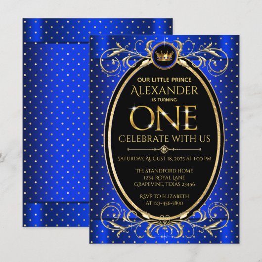 Jongens Koninklijk Blauw Goud Prins 1e Verjaardags Kaart (Voorkant / Achterkant)
