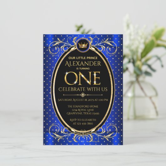 Jongens Koninklijk Blauw Goud Prins 1e Verjaardags Kaart (Staand voorkant)