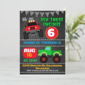 Jongens krijtbord monster trucks verjaardag uitnod kaart (Staand voorkant)