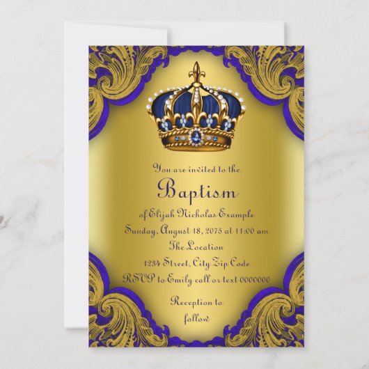 Jongens kroonprins doop koninklijk blauw en goud kaart (Achterkant)