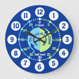 Jongens leren de tijd van de blauwe groene muurklo grote klok