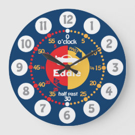 Jongens leren klokkijken blauw rood naam autoklok grote klok