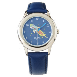 Jongens Leuke Blauwe Raketschip Ruimte en Naam Kin Horloge