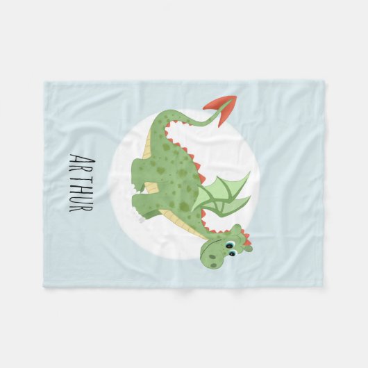 Jongens Leuke Groene Dragon Cartoon met Naam Kinde Fleece Deken (Voorkant (Horizontaal))