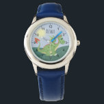 Jongens Leuke Groene Dragon Cartoon met Naam Kinde Horloge<br><div class="desc">Dit schattige blauw modern kinder horloge heeft een schattige groene draak in de zon, en heeft ruimte voor u om uw jongensnaam toe te voegen. Met duidelijke, gemakkelijk leesbare nummers is dit 'eerste' horloge geweldig voor kinderen of peuters die net beginnen met het leren van de tijd. Het perfecte ontwerp...</div>
