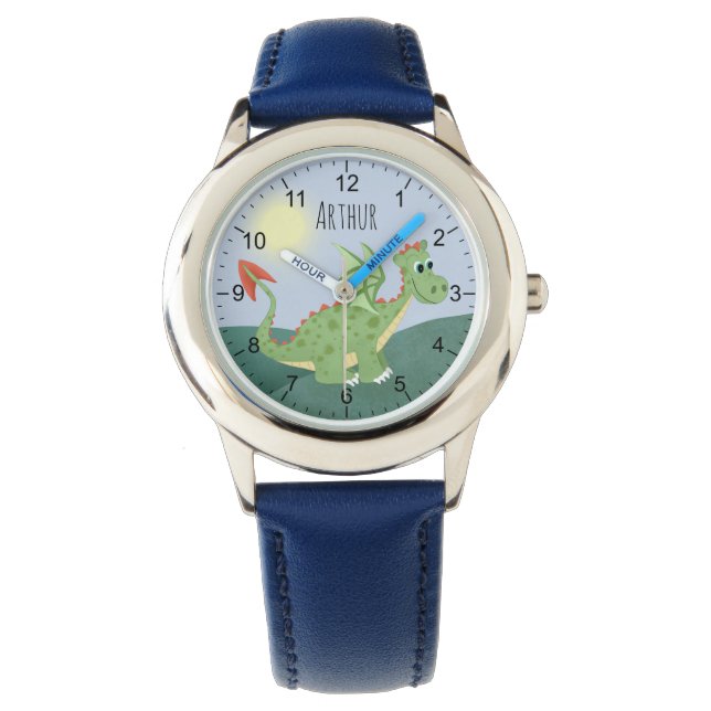 Jongens Leuke Groene Dragon Cartoon met Naam Kinde Horloge (Voorkant)