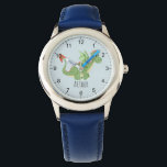 Jongens Leuke Groene Dragon Cartoon & Naam Kinder Horloge<br><div class="desc">Dit schattige blauw modern kinder horloge heeft een schattige groene draak en heeft ruimte voor u om uw jongensnaam toe te voegen. Met duidelijke, gemakkelijk leesbare nummers is dit 'eerste' horloge geweldig voor kinderen of peuters die net beginnen met het leren van de tijd. Het perfecte ontwerp met drakenthema voor...</div>