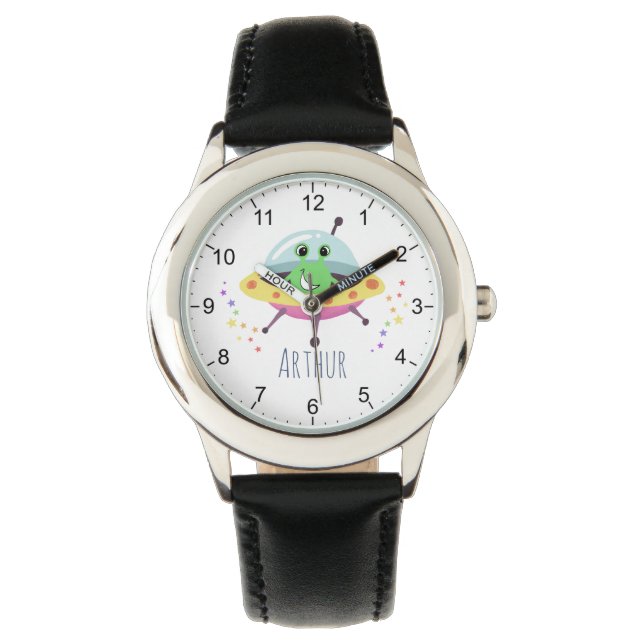 Jongens Leuke Groene Ruimte Alien Cartoon Kinder H Horloge (Voorkant)