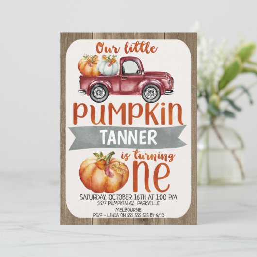 Jongens Little Pumpkin 1st Birthday Invitation Kaart (Staand voorkant)