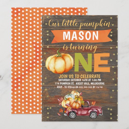 Jongen's Little Pumpkin Truck 1-Birthday Invitatio Kaart (Voorkant / Achterkant)