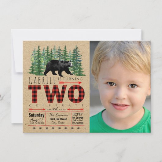 Jongens Lumberjack Tweede Verjaardag Party Uitnodi Kaart (Voorkant)