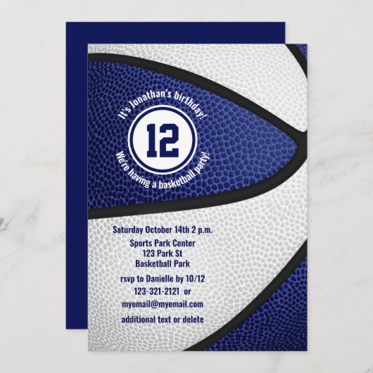 jongens meisjes blauw wit basketbalfeest kaart (Voorkant / Achterkant)