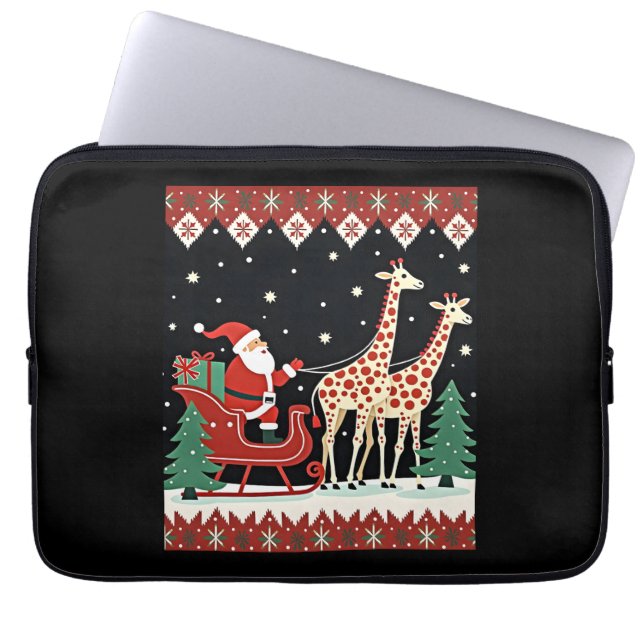 Jongens Meisjes Kerstman Rijden Giraffe Sleigh Ugl Laptop Sleeve (Voorkant)