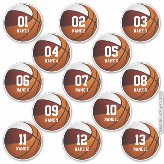 jongens meisjes maroon witte basketbal set van 13 sticker (Voorkant)