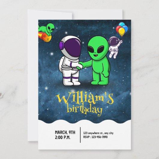 Jongens Modern Astronaut & Alien Kinderverjaardag Kaart (Voorkant)