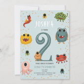 Jongens Modern Blauw Monster Kinder 2e Verjaardag Kaart (Voorkant)