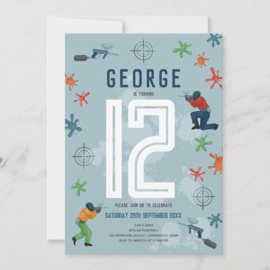 Jongens Modern Blauw Paintball Party Kinderen Verj Kaart (Voorkant)