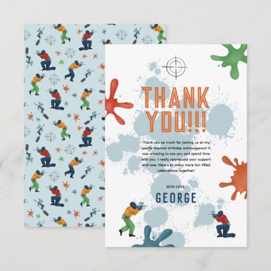 Jongens Modern Blauwe Paintball Kinderverjaardag Bedankkaart (Voorkant / Achterkant)