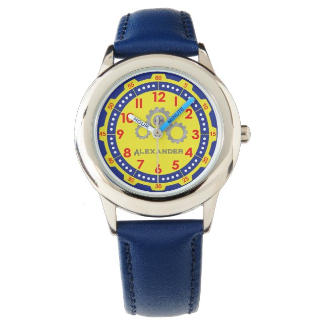 Jongens Modern Geel Gear Custom Kinder Horloge (Voorkant)