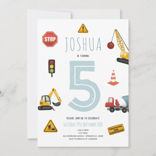 Jongens Moderne Blauwe Bouw Kinderen Verjaardag Kaart (Voorkant)