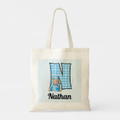 Jongen's Monogram N met een Blauwe Teddy Bear Tote Bag (Achterkant)