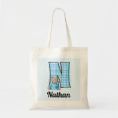 Jongen's Monogram N met een Blauwe Teddy Bear Tote Bag (Voorkant)