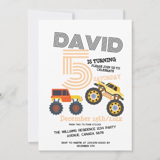 Jongens Monster Auto Trucks 5e Verjaardag Party Kaart (Voorkant)