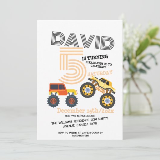 Jongens Monster Auto Trucks 5e Verjaardag Party Kaart (Staand voorkant)