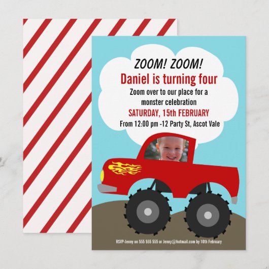 Jongens Monster Truck Foto Verjaardag Uitnodiging (Voorkant / Achterkant)