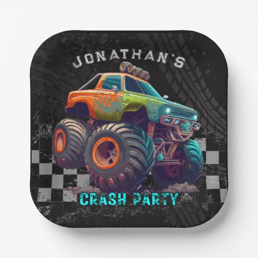 Jongens Monster Truck Rally Verjaardagsfeest Papieren Bordje (Voorkant)