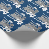 Jongens naam 14e verjaardag trein loco blauw grijs cadeaupapier (Hoek)