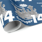 Jongens naam 14e verjaardag trein loco blauw grijs cadeaupapier (Rol Hoek)