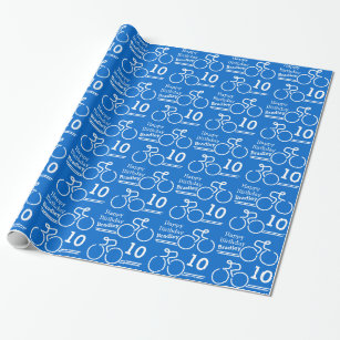 Jongens naam fietser blauw 10e verjaardag omslag cadeaupapier