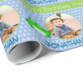 Jongens Naam Foto Verjaardag Blauw & Groene Kikker Cadeaupapier (Rol Hoek)