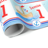 Jongens naam geschilderd zeilschip 1 verjaardag ra cadeaupapier (Rol Hoek)