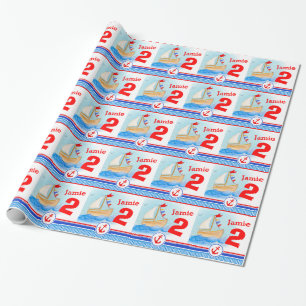 Jongens naam geschilderde zeilboot 2e verjaardag r cadeaupapier