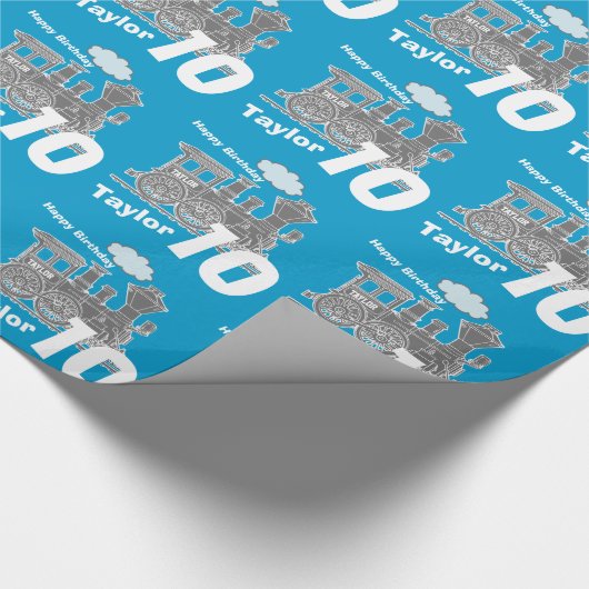 Jongens naam leeftijd 10 treinen loco blauwe grijz cadeaupapier (Hoek)