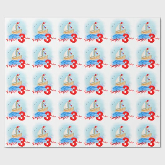 Jongens naam leeftijd geverfde zeilboot verjaardag cadeaupapier (Vlak)