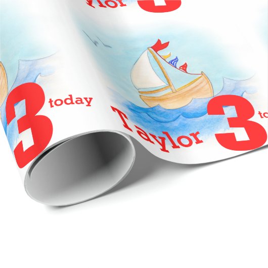 Jongens naam leeftijd geverfde zeilboot verjaardag cadeaupapier (Rol Hoek)