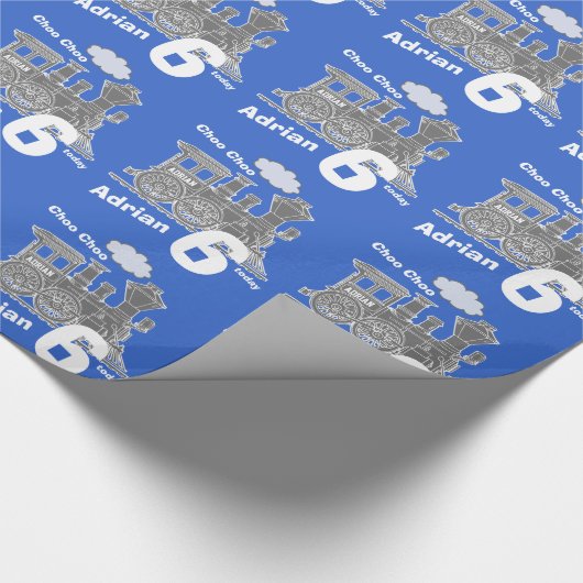 Jongens naam leeftijd trein loco blauw grijs verja cadeaupapier (Hoek)